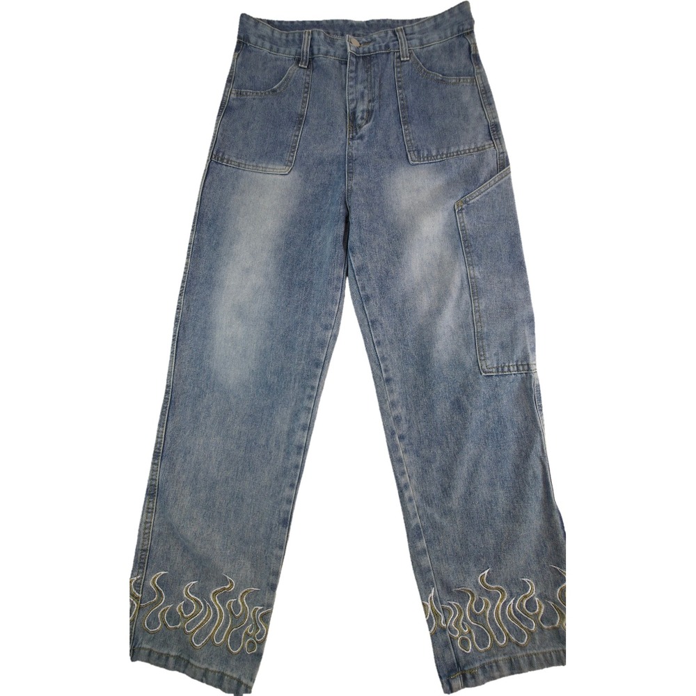 Embroidered Flame Denim Jeans Women XL Blue Carpenter Streetwear Patch Pocket